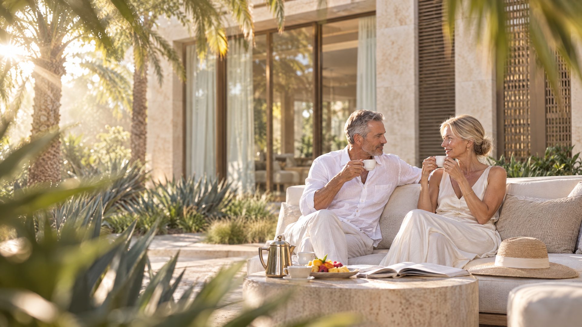 Pareja tomando café en la terraza de planta baja, frente al jardín patio de la villa