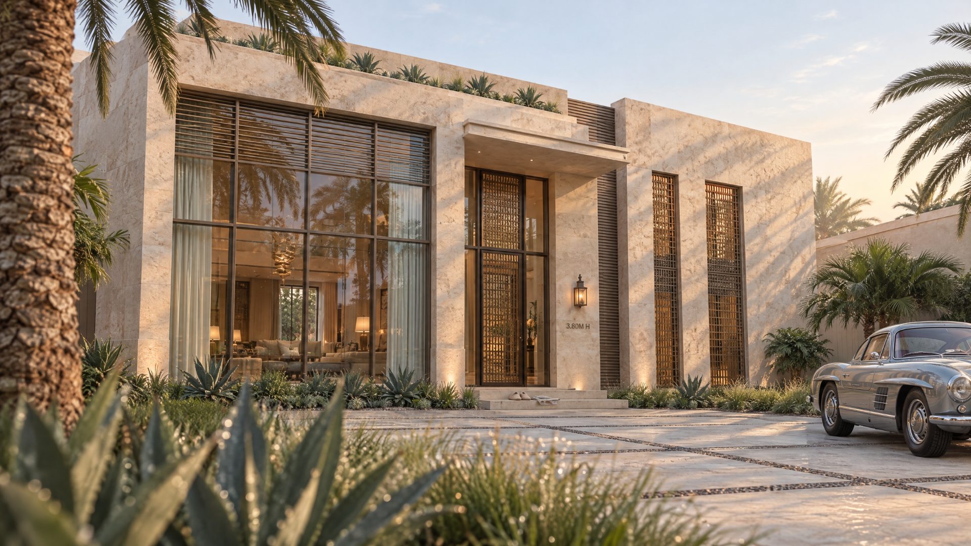 Fachada de una villa en travertino con ventanal de doble altura, celosías de bronce y jardín de agaves al atardecer