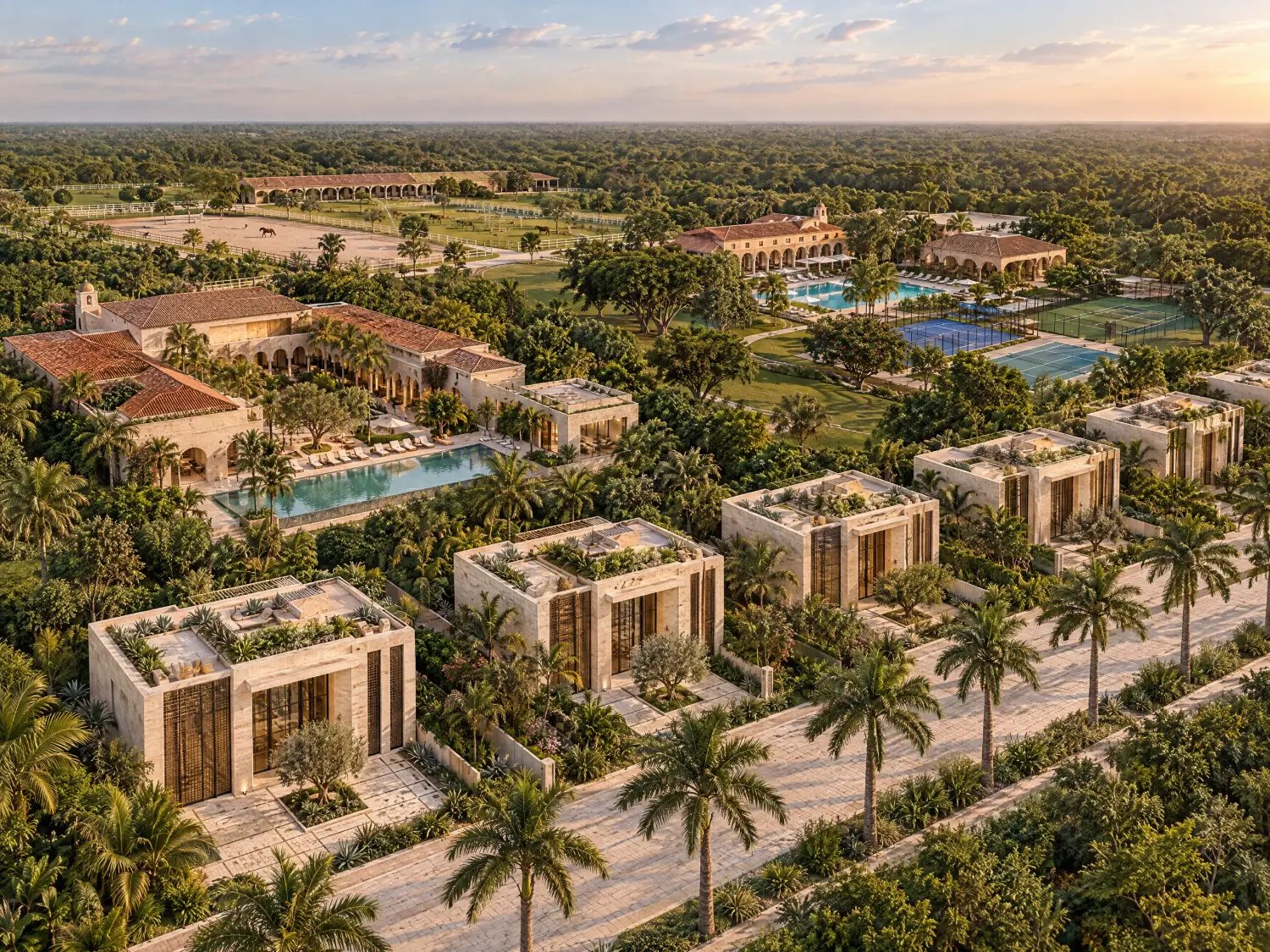 Vista aérea ilustrativa del plan maestro: villas de travertino a lo largo de una calle con palmeras, las dos haciendas con albercas y canchas, y al fondo el club ecuestre rodeado de selva